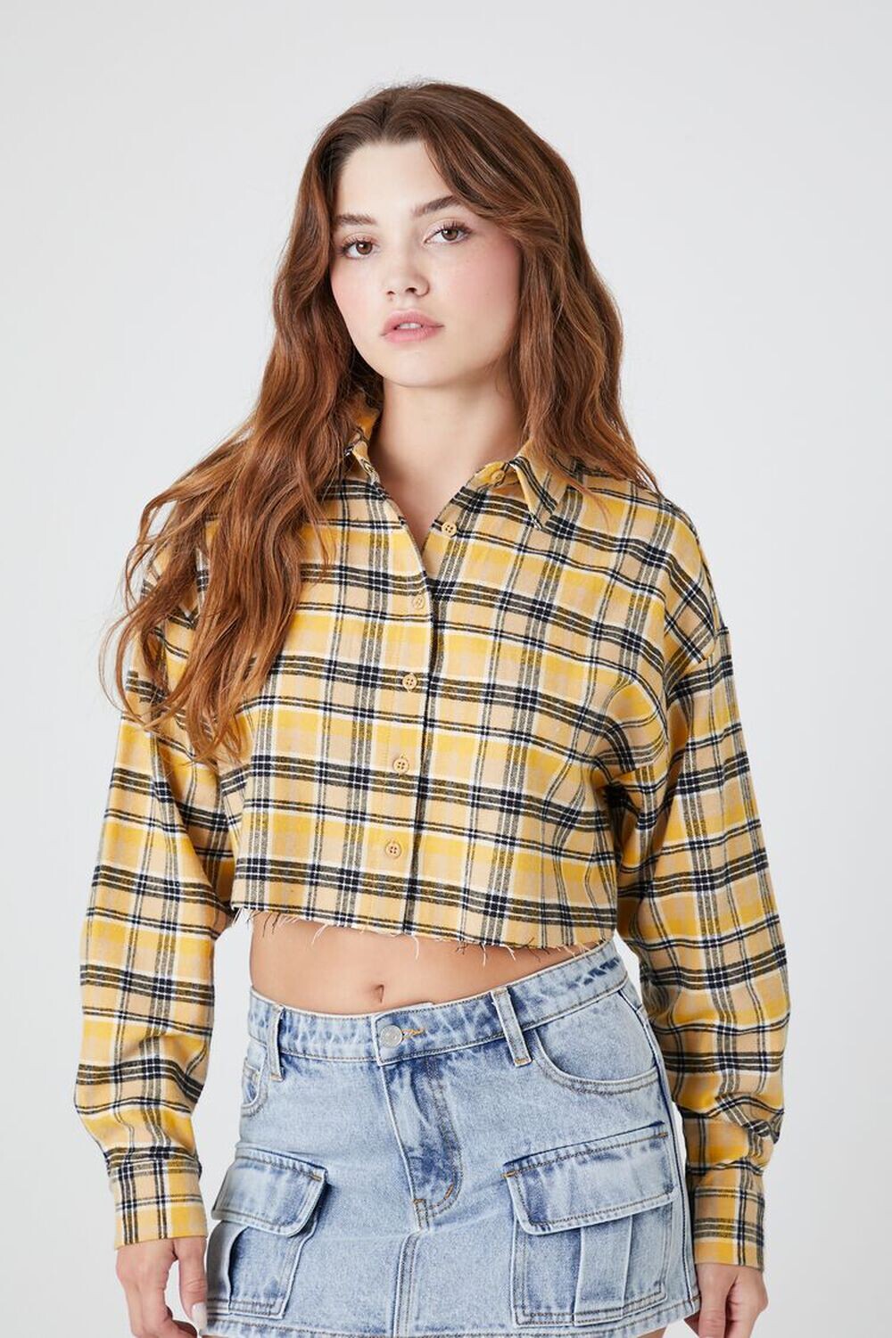 

Укороченная рубашка в клетку Forever 21, кремовый