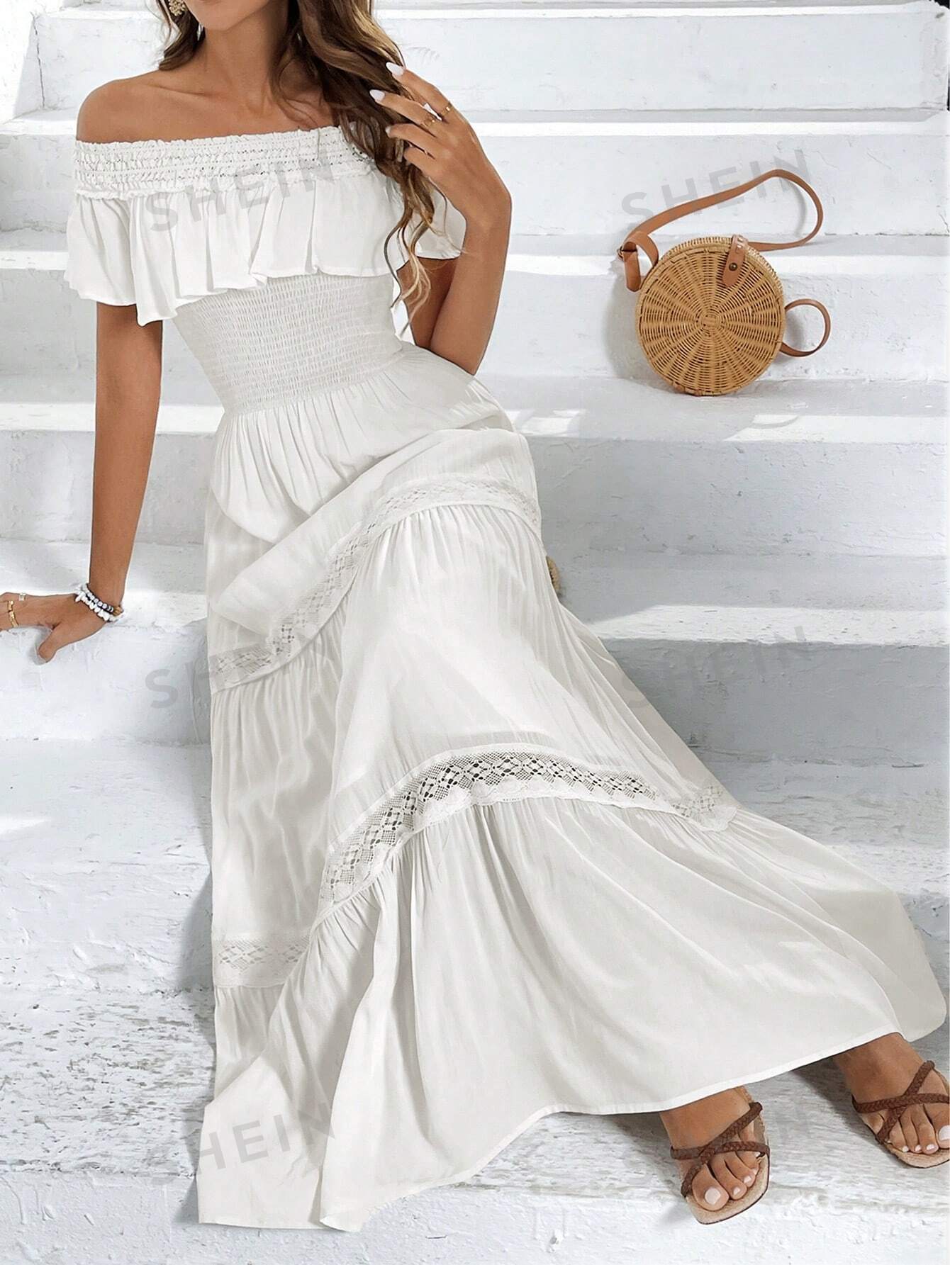 SHEIN VCAY Женское однотонное облегающее платье с открытыми плечами и оборками, белый новинка 2023 модное женское облегающее платье с цветочным принтом открытыми плечами и оборками