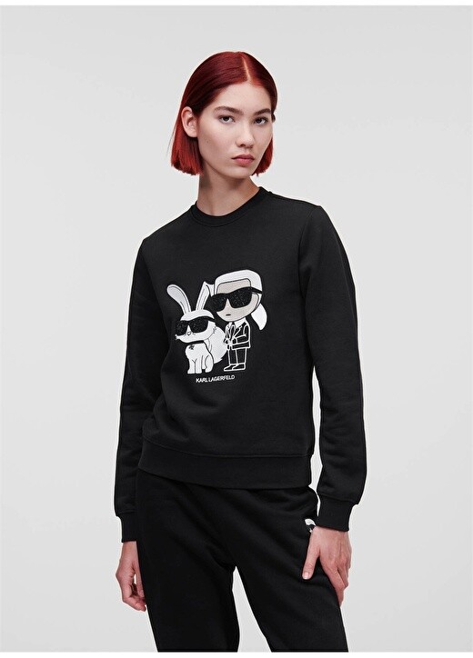 

Черный женский свитшот с круглым вырезом и принтом Karl Lagerfeld