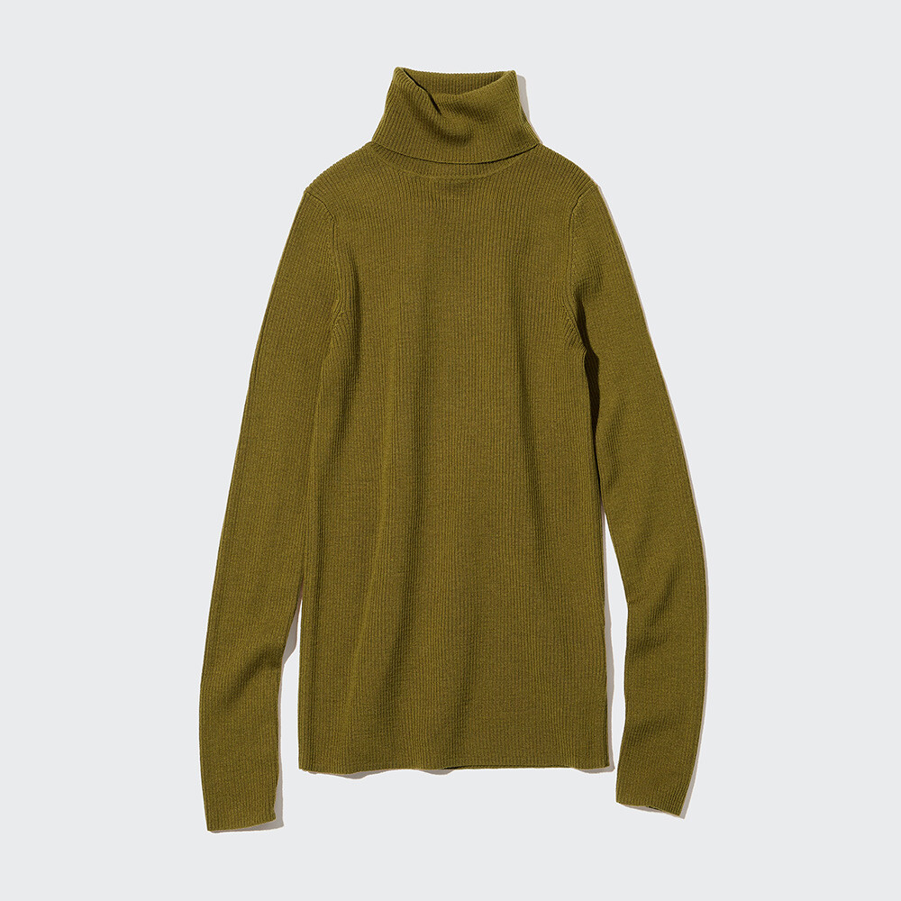 

Свитер Uniqlo камвольный в рубчик из мериносовой ткани с двумя лацканами, темно-зеленый