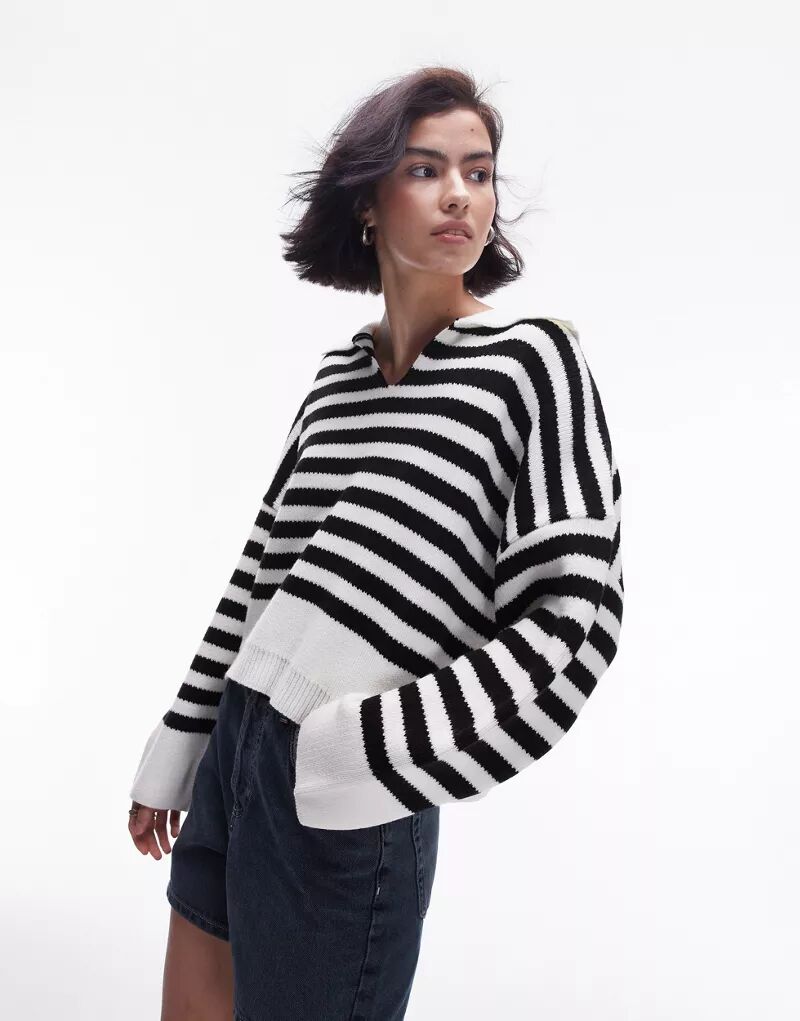 Topshop вязаный свитер в черно-белую полоску с воротником