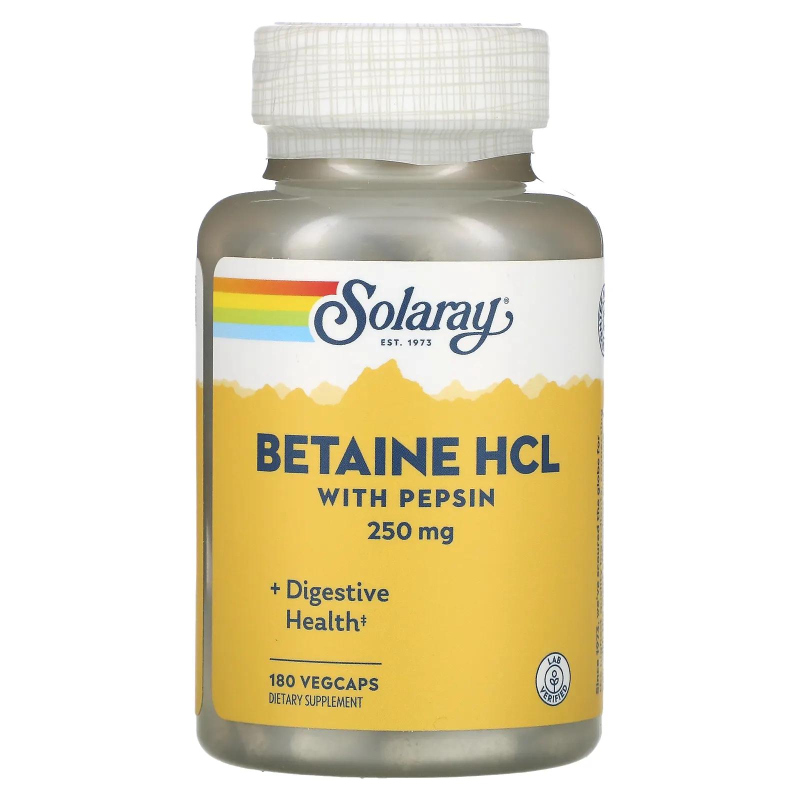 Solaray HCL with Pepsin 250 mg 180 Capsules высокоэффективный бетаин гидрохлорид с пепсином high potency betaine hcl with pepsin 650 мг 250 капсул solaray