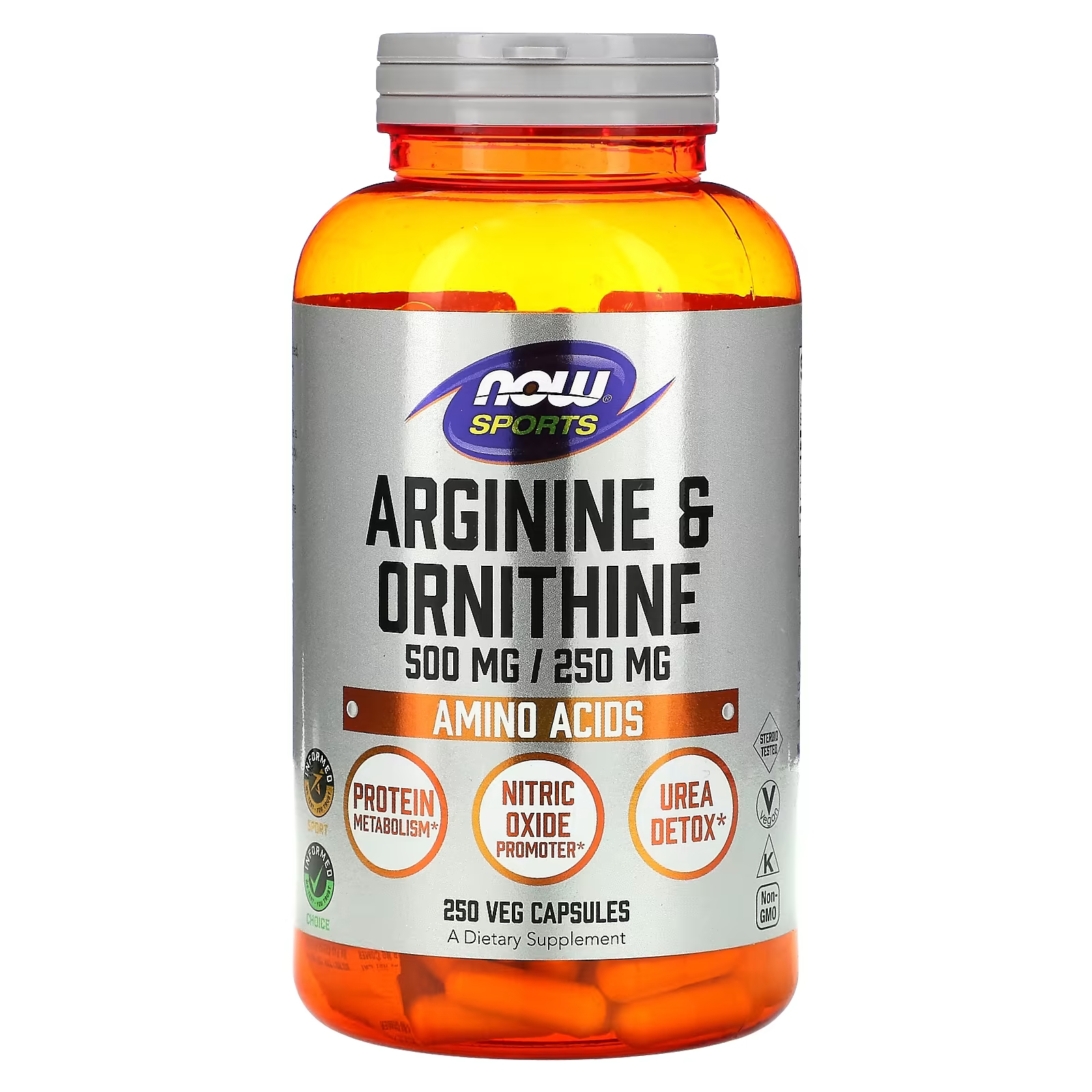 NOW Foods Sports Аргинин и орнитин 1000 мг/500 мг 250 растительных капсул (500 мг/250 мг на капсулу)