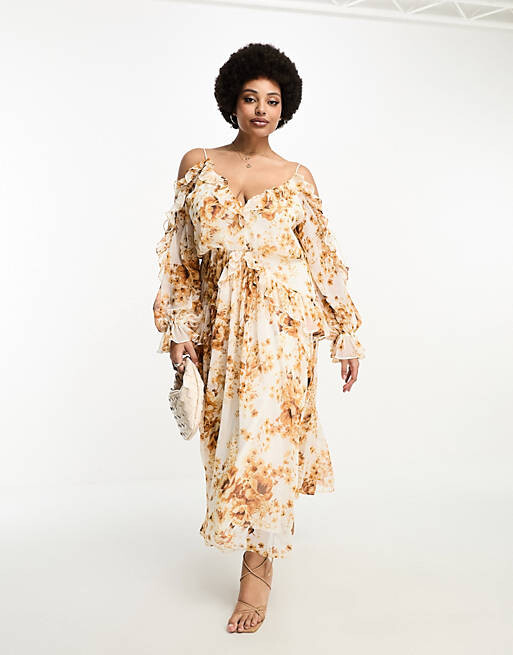 

Коричневое платье миди с открытыми плечами и оборками ASOS DESIGN Curve