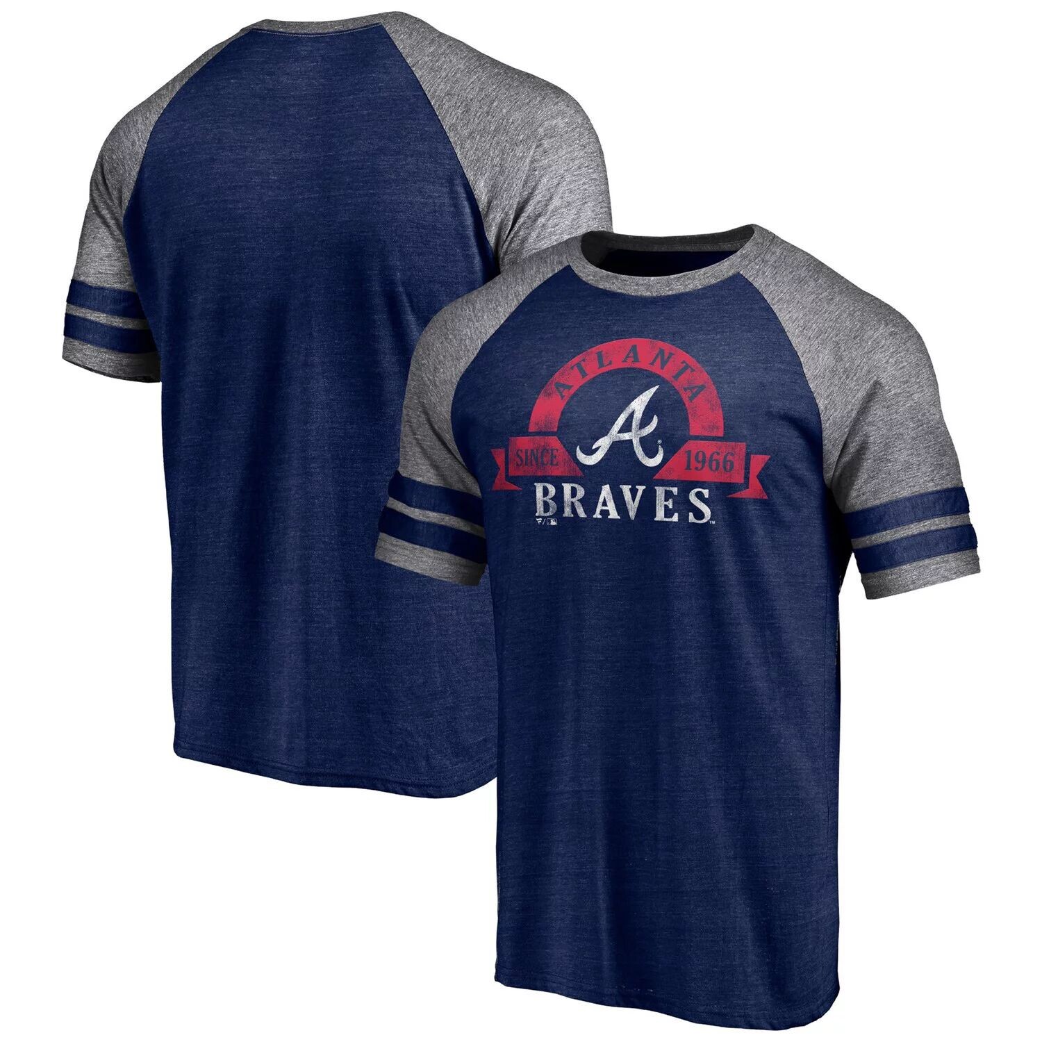 

Мужская футболка Fanatics Branded Heather Navy Atlanta Braves Utility с двумя полосками реглан Tri-Blend