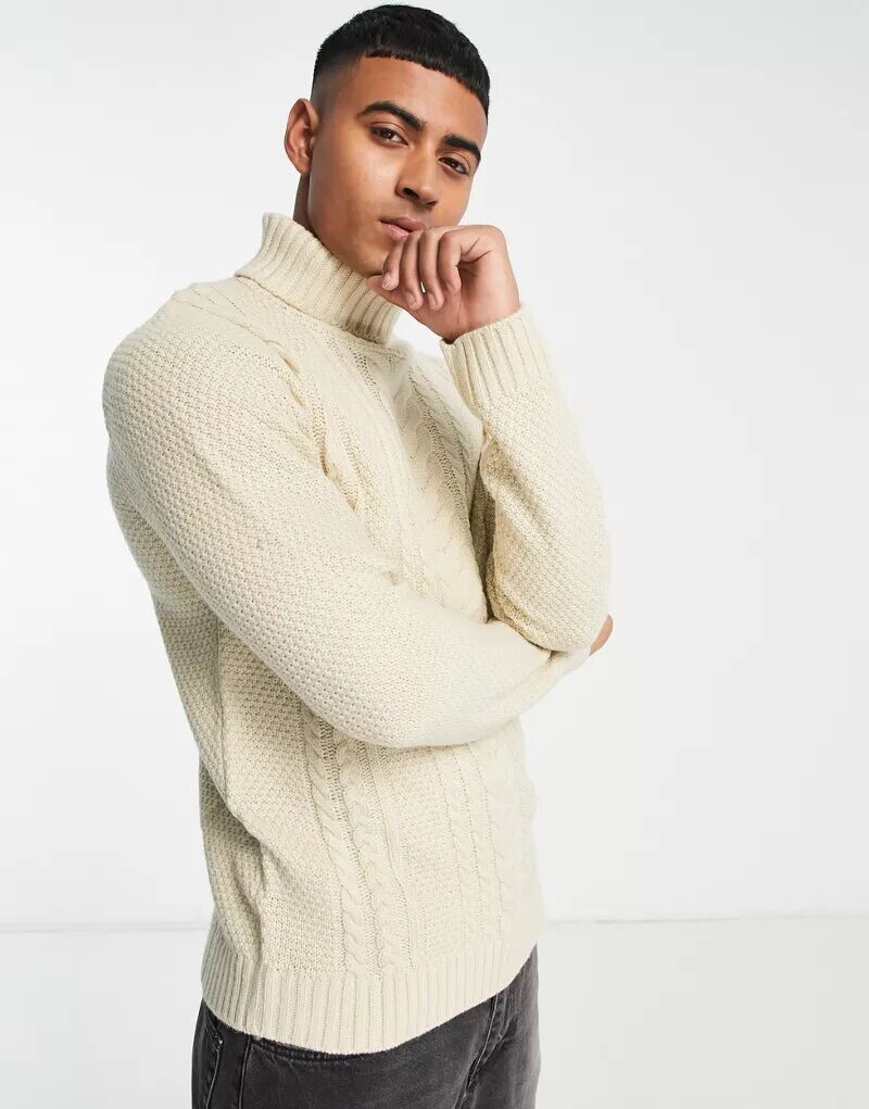 

Овсяный джемпер с высоким воротником Jack & Jones косой вязки