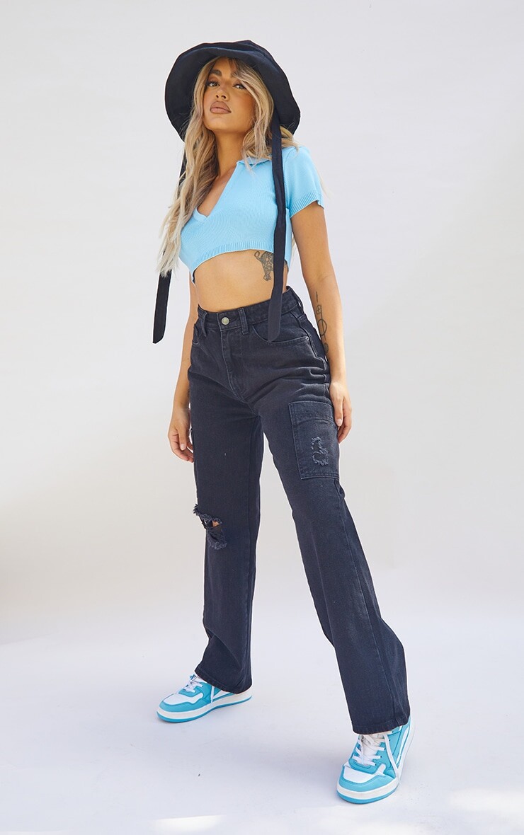 

PrettyLittleThing Черные рваные джинсы-карго Petite с широкими штанинами