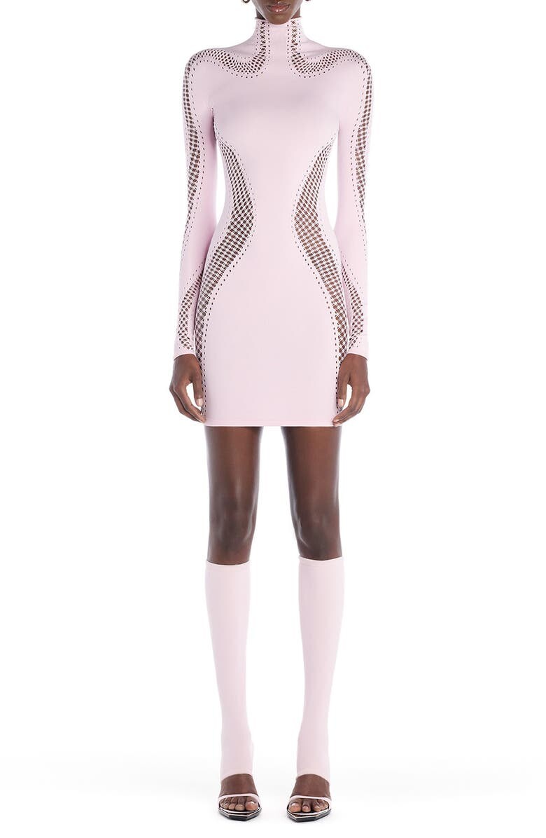 

Мини-платье Body-Con с сетчатыми вставками и длинными рукавами MUGLER, розовый