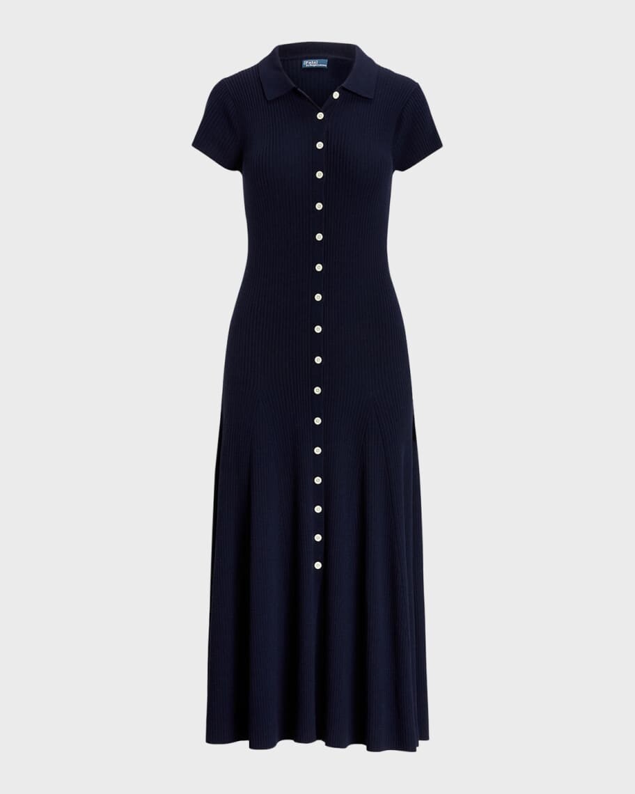 

Трикотажное платье-поло из шерсти мериноса в рубчик Polo Ralph Lauren