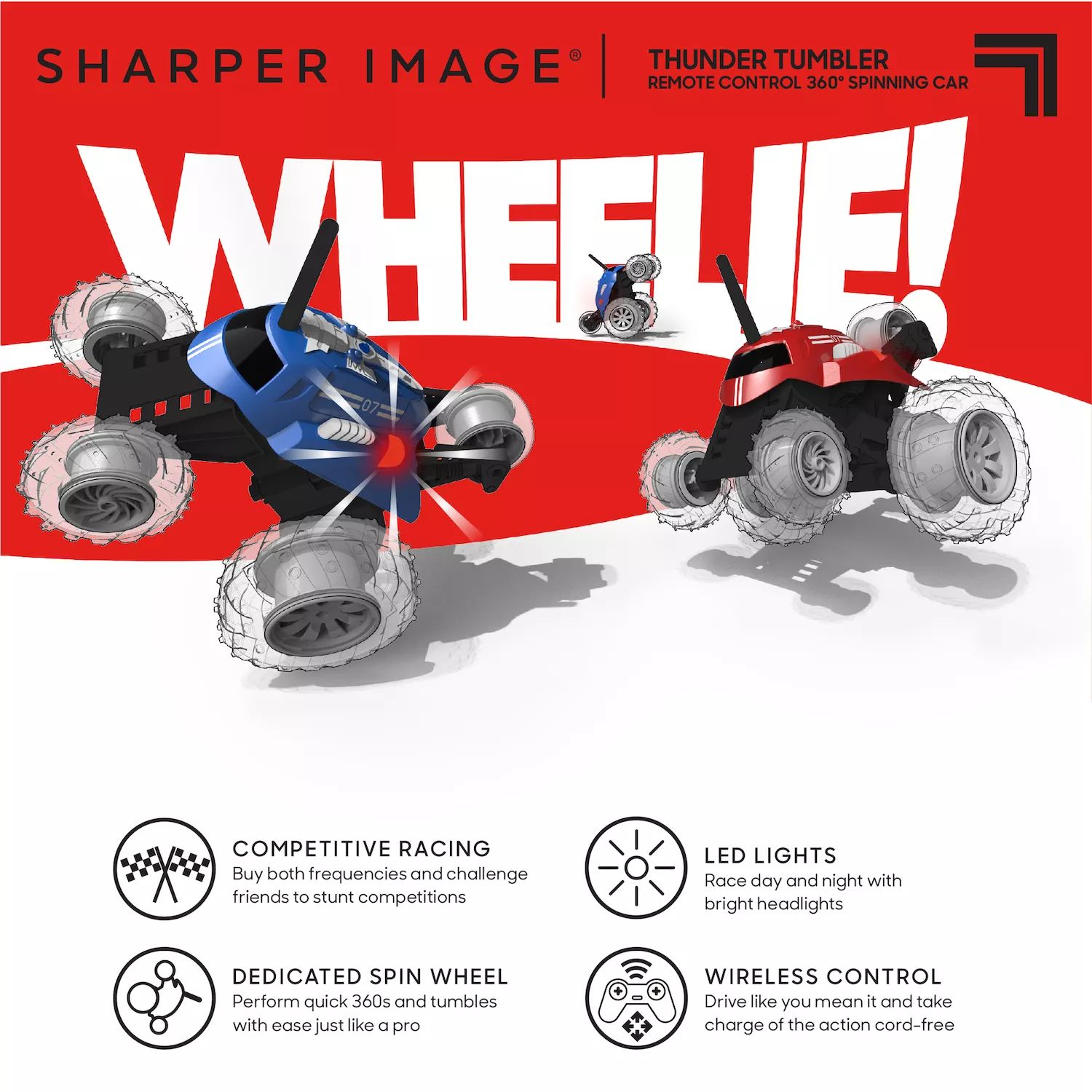 Игрушечная радиоуправляемая машинка Sharper Image Thunder Tumbler, мини-грузовик  с вращающимися трюками на пульте дистанционного управления, гоночные сальто  и трюки с 5-м колесом, 27 МГц Sharper Image, красный – заказать из-за  границы с