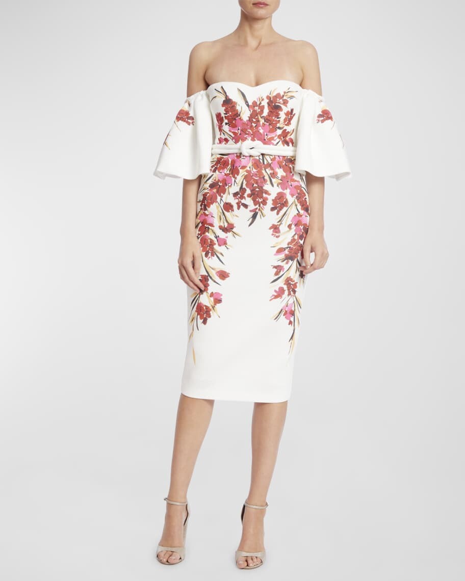 

Платье миди с открытыми плечами и цветочным принтом Badgley Mischka Collection