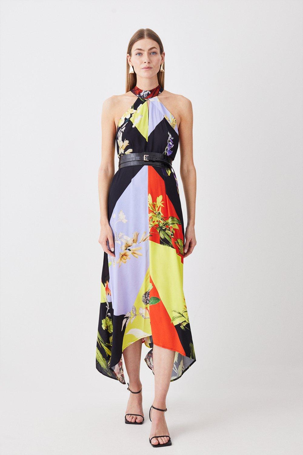 Тканое платье миди с цветными блоками и цветочным принтом с бретелькой на шее Karen Millen, мультиколор