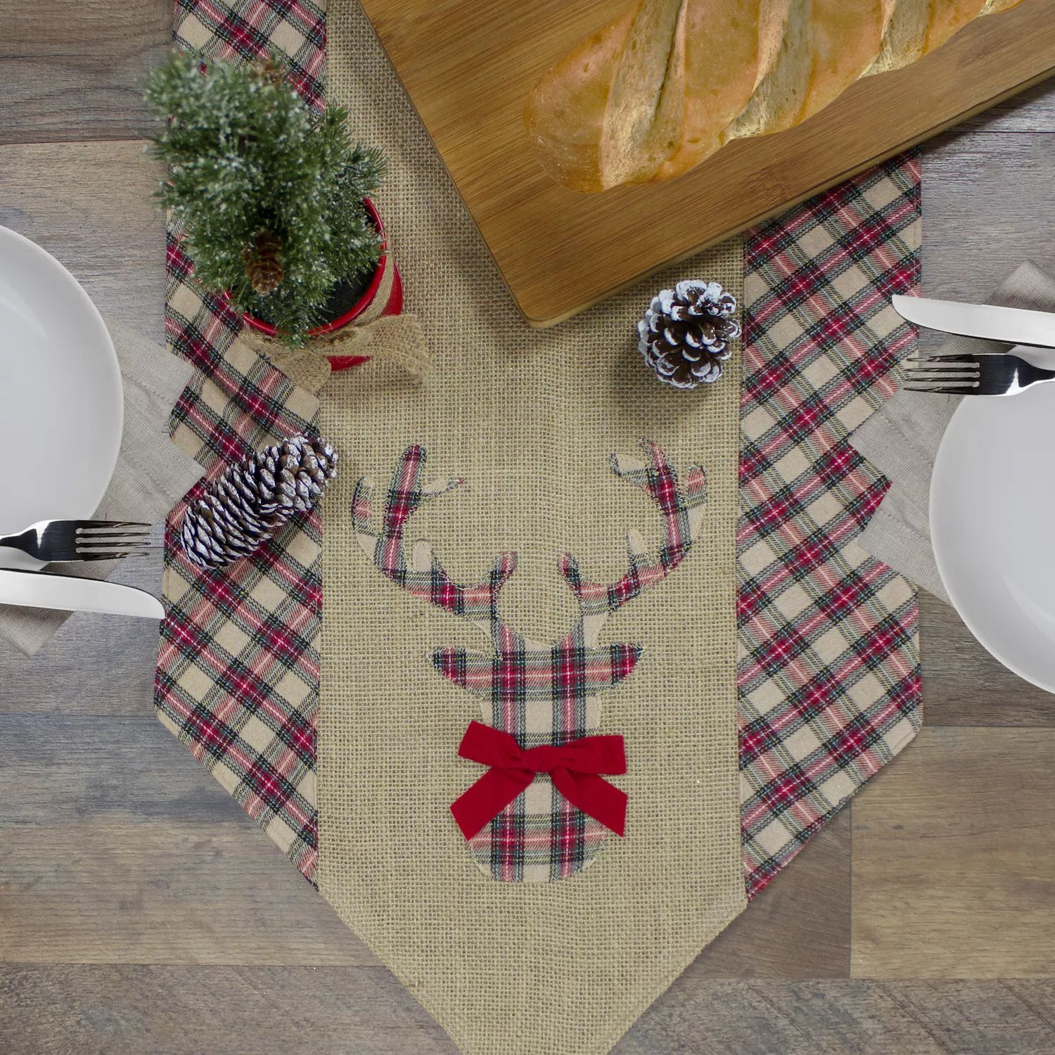 36-дюймовая красно-коричневая дорожка для рождественского стола из мешковины и клетчатой ​​ткани с изображением оленей