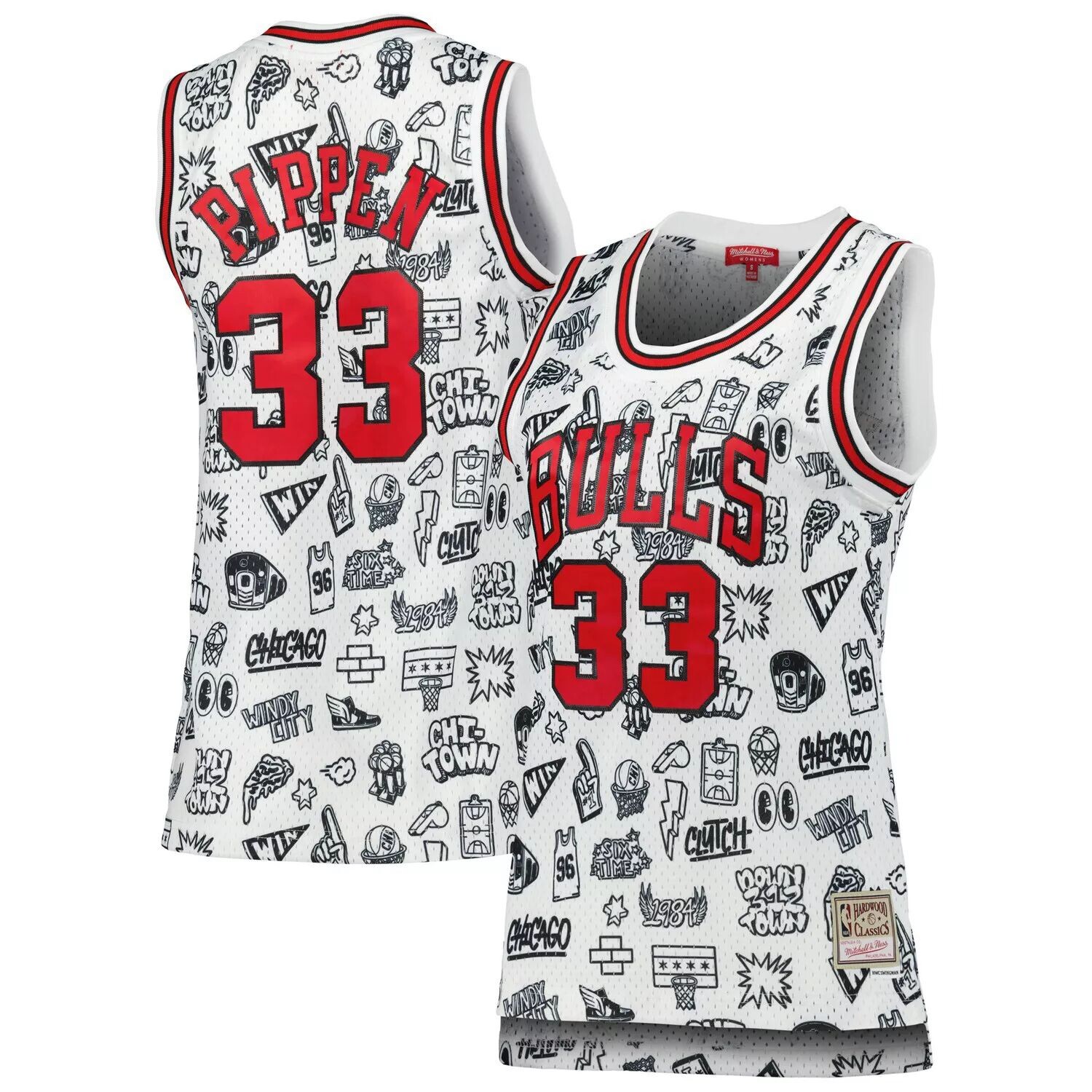 

Женская белая майка Mitchell & Ness Scottie Pippen Chicago Bulls 1997 с рисунком Doodle Swingman, Белый