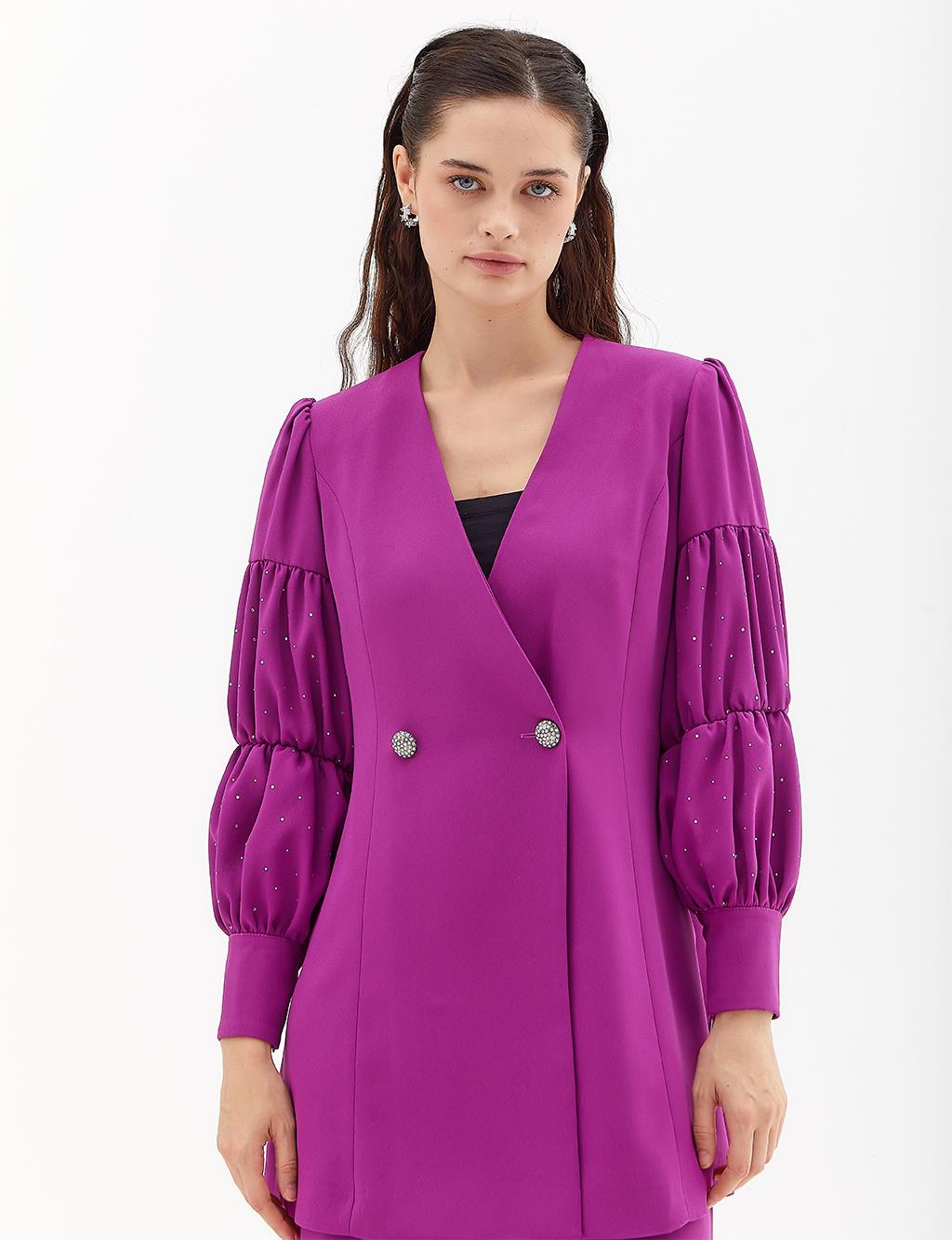 цена Двубортный двойной костюм на пуговицах с рукавами арбуза, фиолетовый Kayra