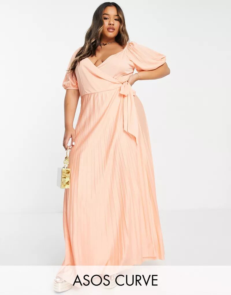 Платье макси абрикосового цвета со сборками и пышными рукавами ASOS DESIGN Curve — ORANGE