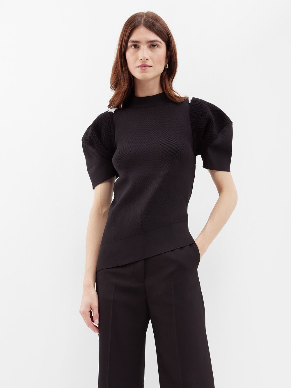 

Асимметричный вязаный топ с короткими рукавами Sacai, черный