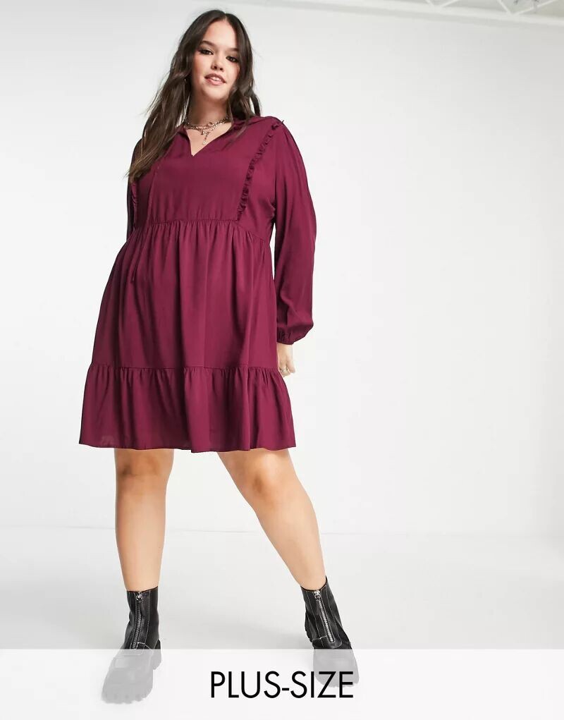 

Бордовое платье мини со сборками и завязками спереди Urban Threads Plus