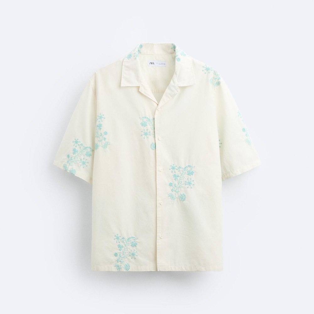 Рубашка Zara Floral Embroidery, экрю/голубой платье zara floral organza экрю