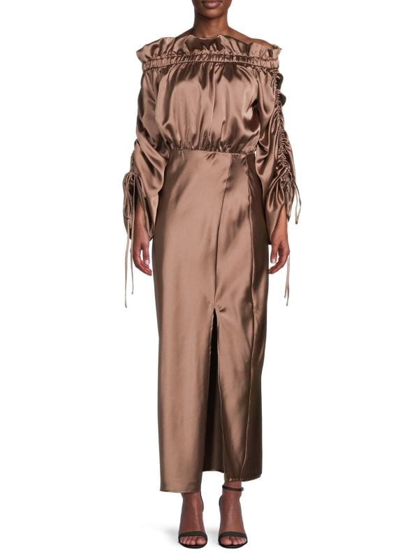 цена Атласное макси-платье с открытыми плечами Renee C. Dune