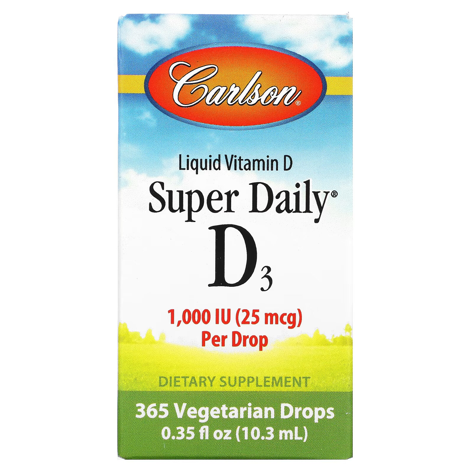 Carlson, Super Daily D3, 1000 МЕ, 10,3 мл (0,35 жидк. унции) carlson baby s super daily d3 10 мкг 400 ме 90 вегетарианских капель 2 54 мл 0 086 жидк унции