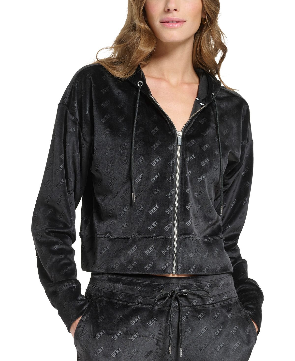

Женская платиновая велюровая худи на молнии с логотипом DKNY, черный