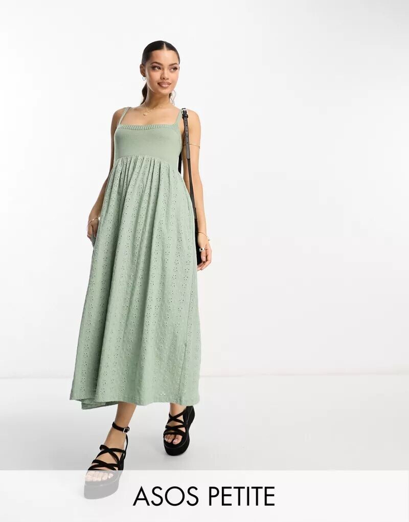 

Платье миди цвета хаки с вышивкой и трикотажем ASOS DESIGN Petite