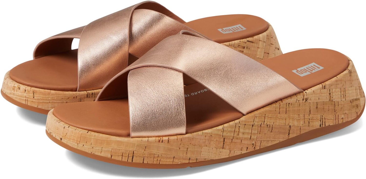 

Босоножки F-Mode Metallic Leather/Cork Flatform Cross Slides FitFlop, цвет Rose Gold