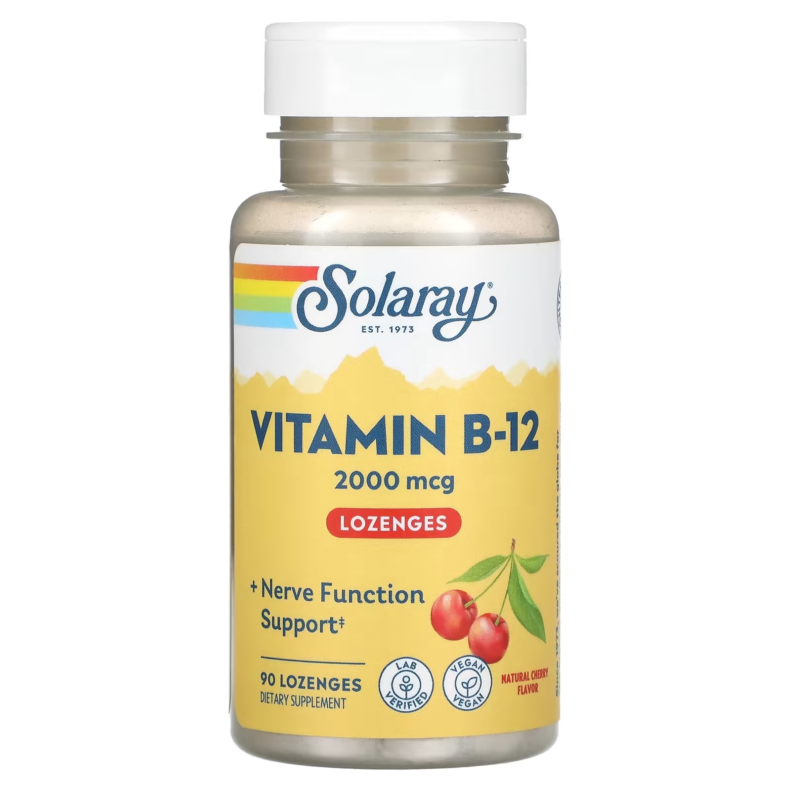 Solaray витамин B12 пастилки с натуральным ароматизатором «Вишня» 2000 мкг, 90 пастилок super nutrition витамин b12 вишня 3000 мкг 100 пастилок