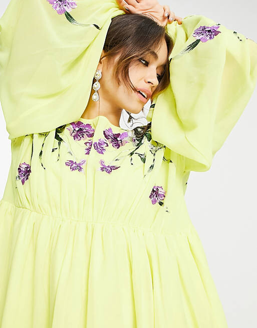 

Желтое платье мини с пышными рукавами и вышитым лифом ASOS EDITION, Желтый