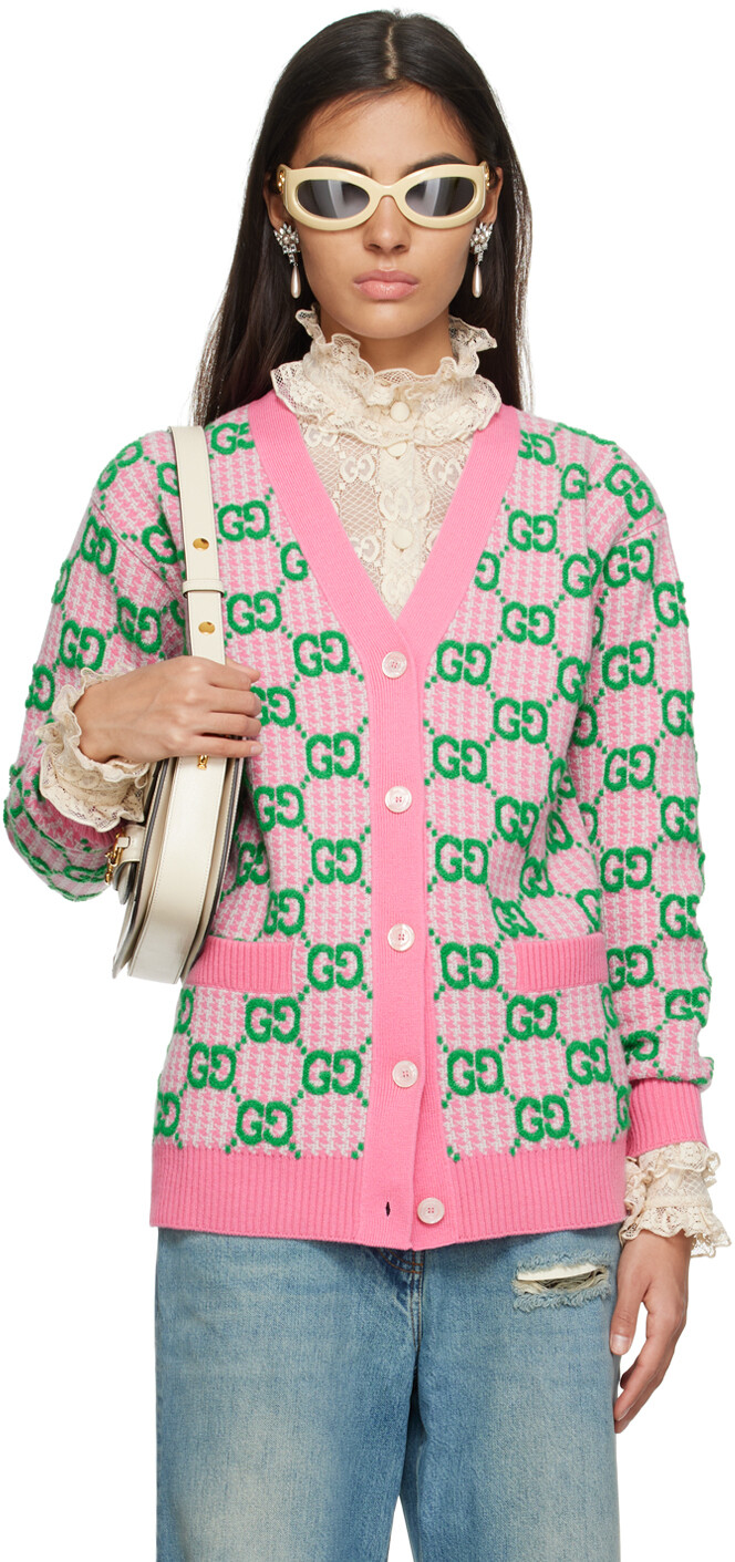 

Розовый кардиган с узором \гусиные лапки\" и узором GG" Gucci