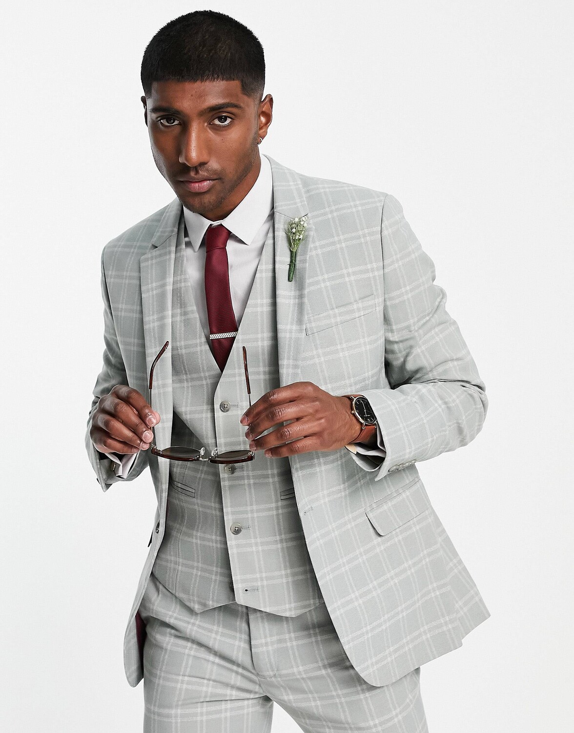 

Серый супероблегающий пиджак в клетку с окошками ASOS DESIGN Wedding