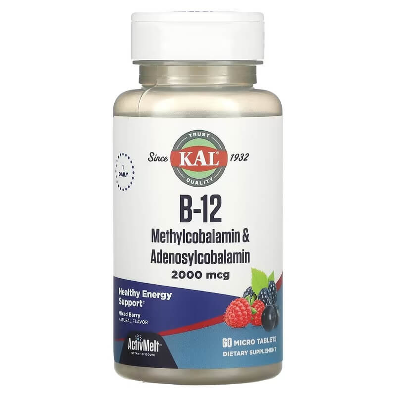 Витамин B-12 с ягодным вкусом KAL, 60 таблеток витамин b kal b 100 120 таблеток