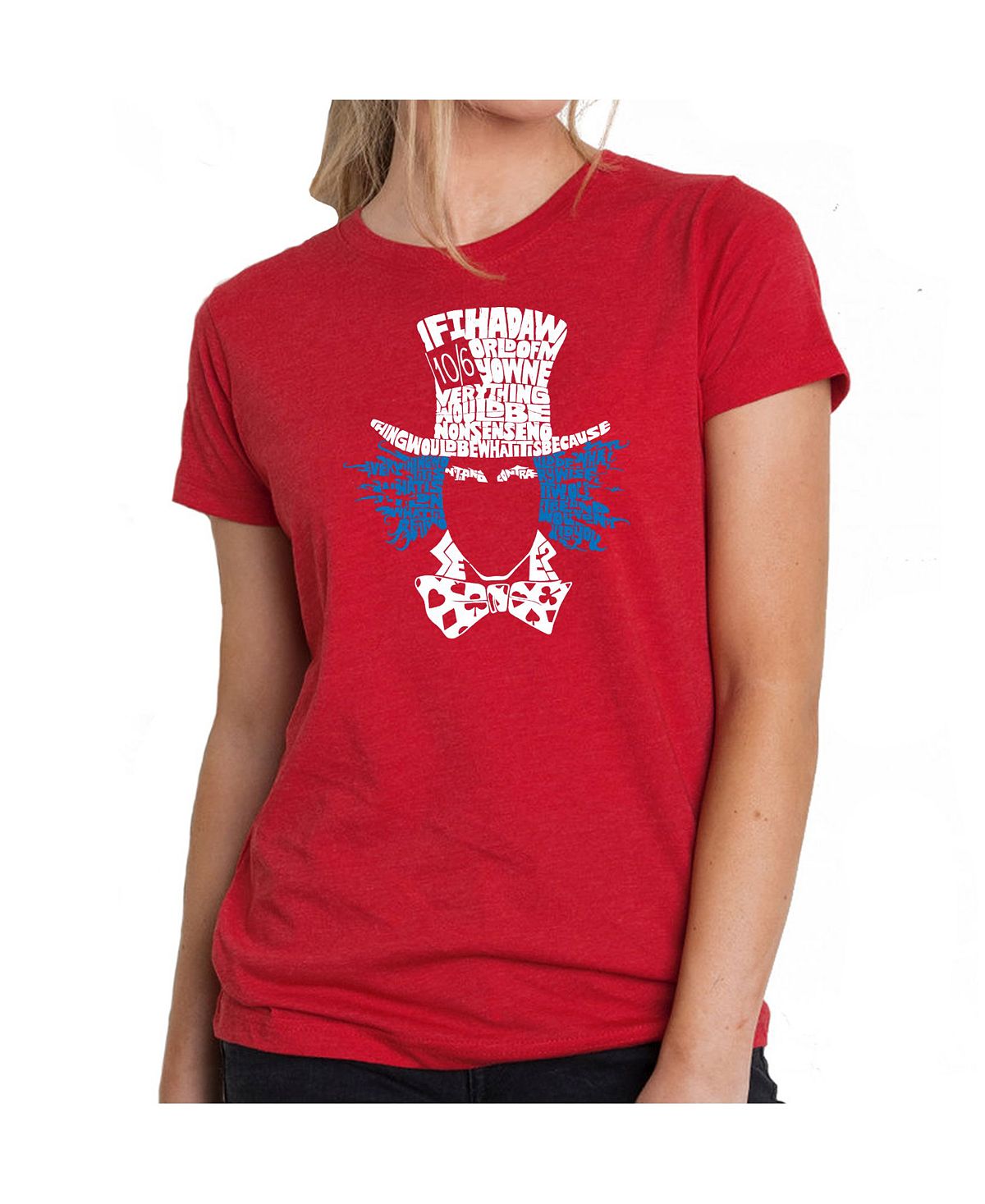 Женская футболка премиум-класса word art - безумный шляпник LA Pop Art, красный чаепитие безумного шляпника xft5