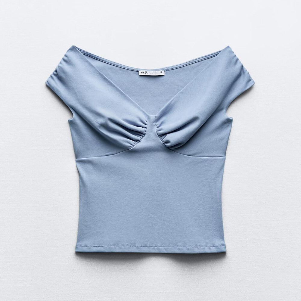 

Топ Zara Pleated Cotton, светло-голубой