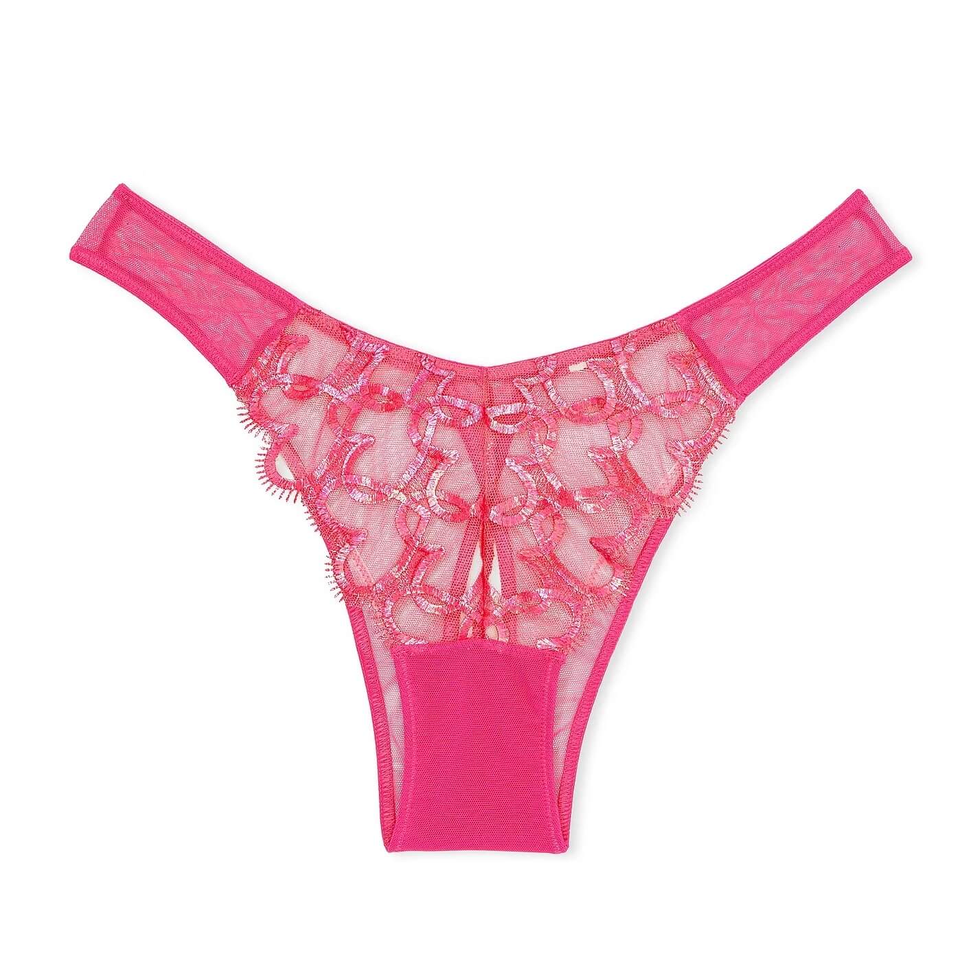 Трусики Victoria's Secret Dream Angels Shimmer Heart Embroidery Open-Back Brazilian, ярко-розовый