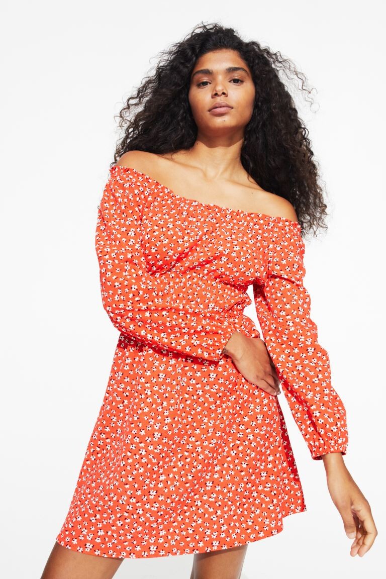 

Платье с открытыми плечами H&M, оранжевый/маленькие цветы