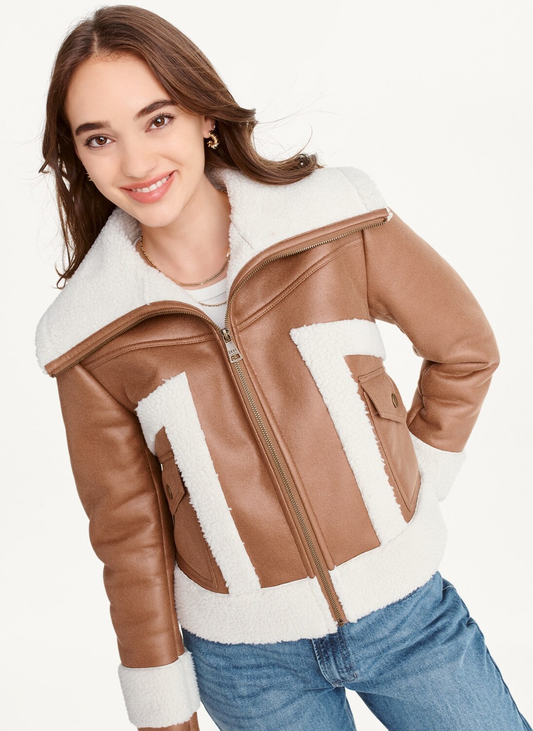 

Куртка байкерская с отделкой из овчины DKNY, Коричневый