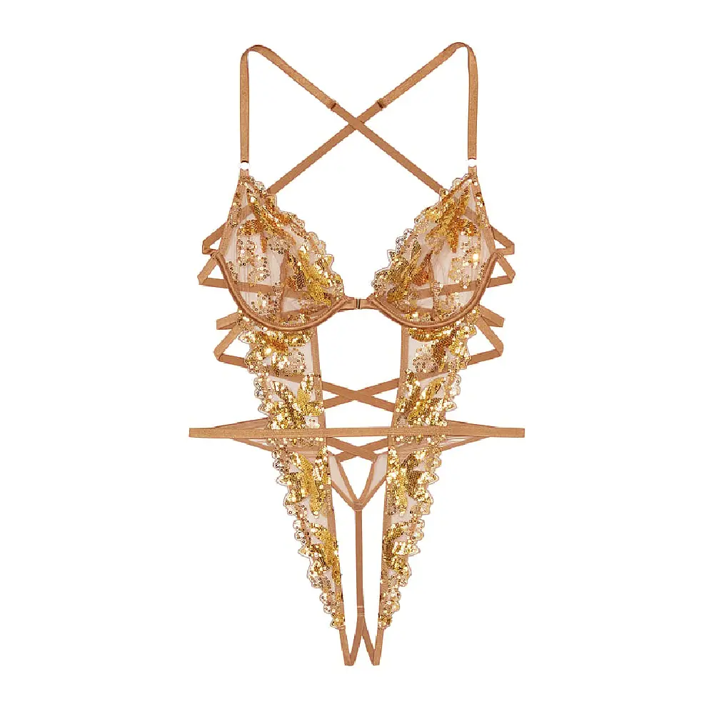 

Боди Victoria's Secret Very Sexy Gold Sequined Floral Embroidery Unlined Strappy Crotchless, золотой