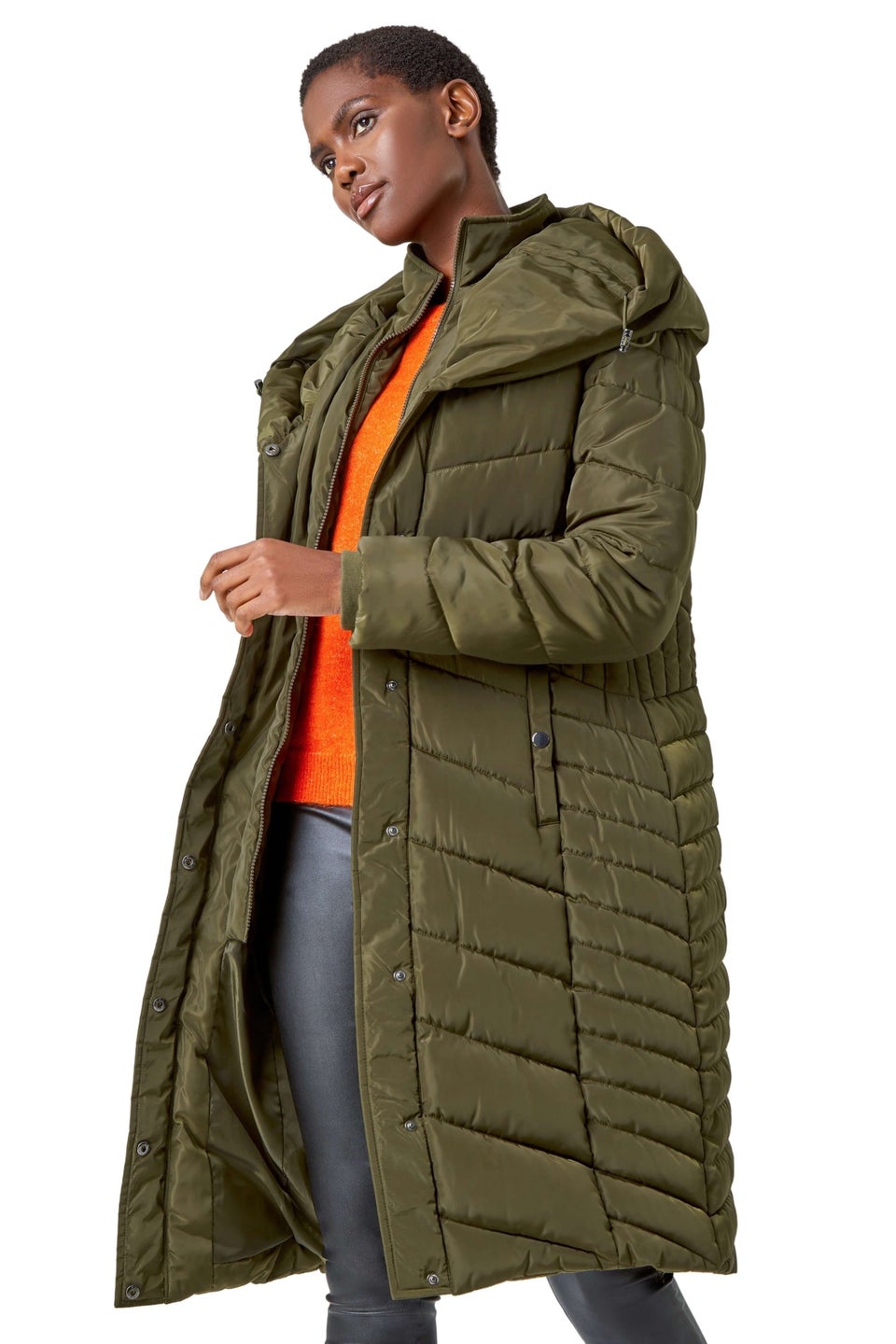 цена Стеганое длинное пальто с капюшоном цвета хаки Roman Khaki