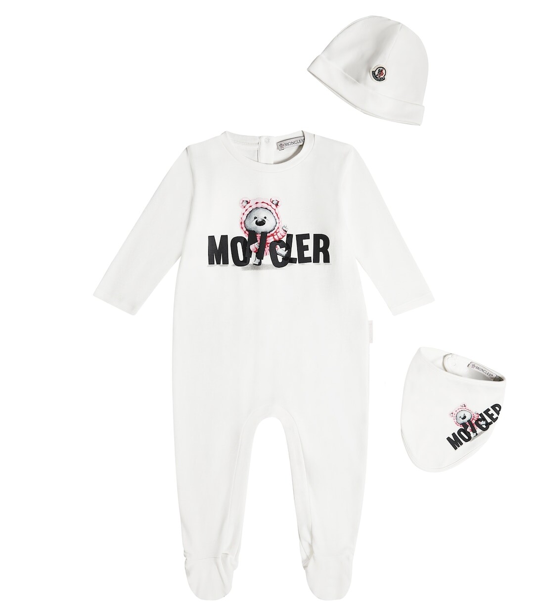 

Комплект из детского хлопкового комбинезона, нагрудника и шапочки Moncler Enfant, синий