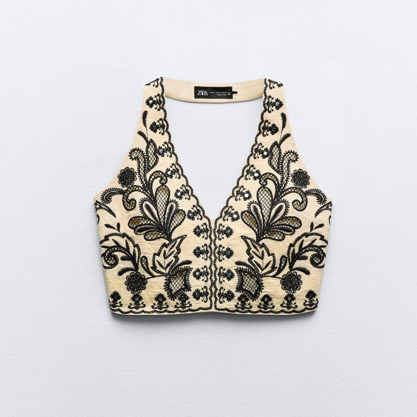 Кроп топ Zara Halter With Embroidery, черный/бежевый