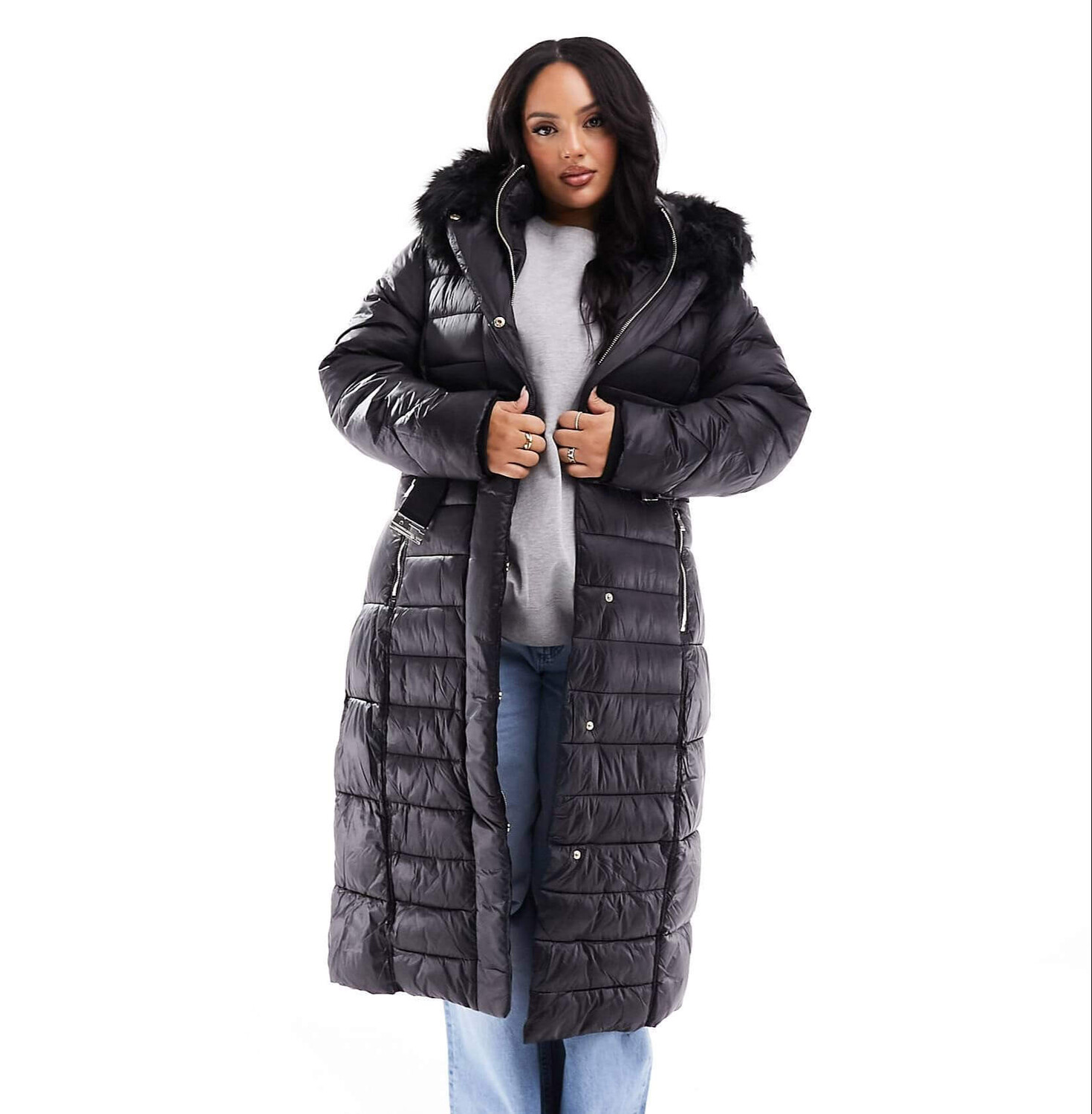 

Пальто утепленное River Island Plus Maxi Belted With Faux Fur Hood, черный