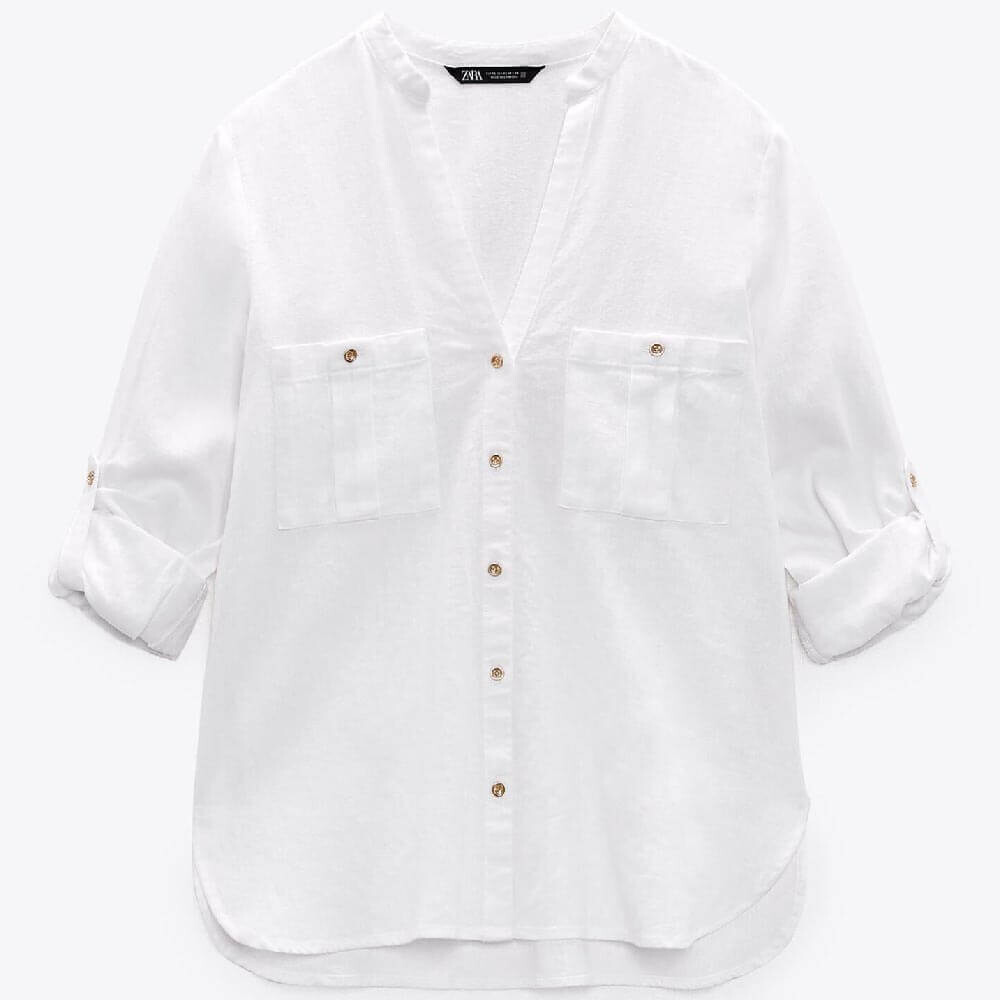 

Рубашка Zara Roll-up Sleeve Linen Blend, белый