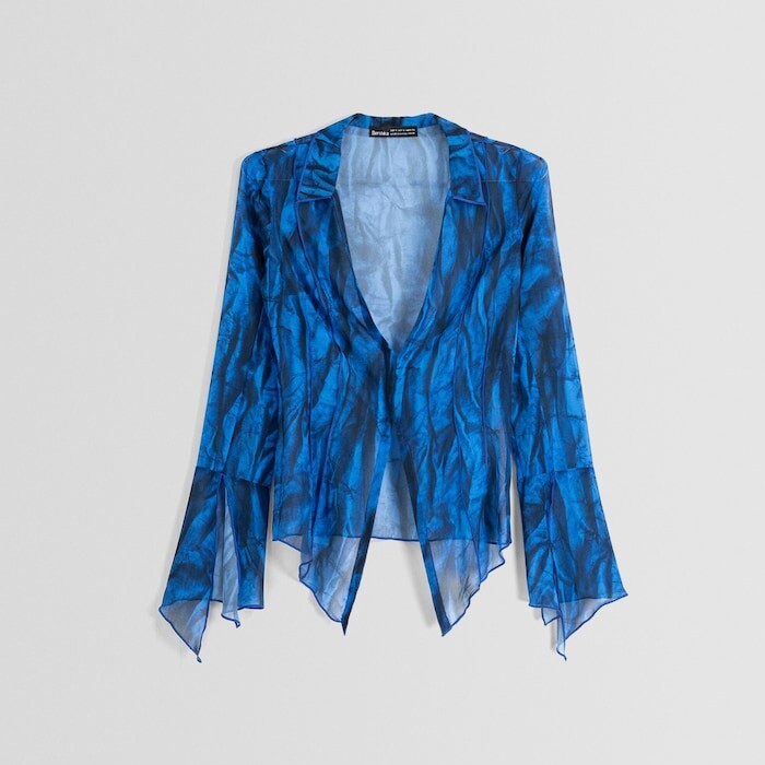 

Блузка Bershka Printed Long Sleeve Chiffon, синий/черный