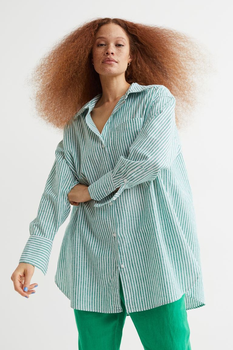 

Рубашка оверсайз из смесового льна H&M, зеленые/белые полосы