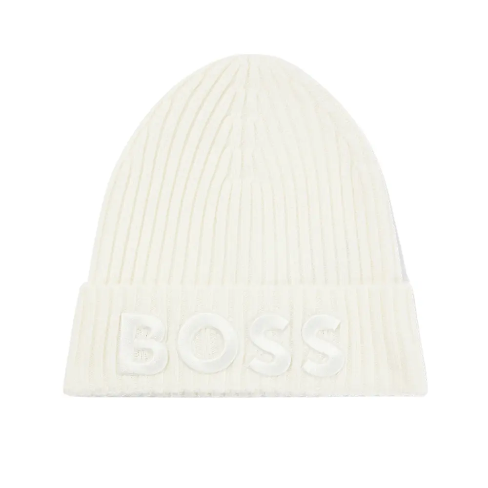 

Шапка-бини Boss Logo-embroidered Rib-knit In Virgin Wool, белый