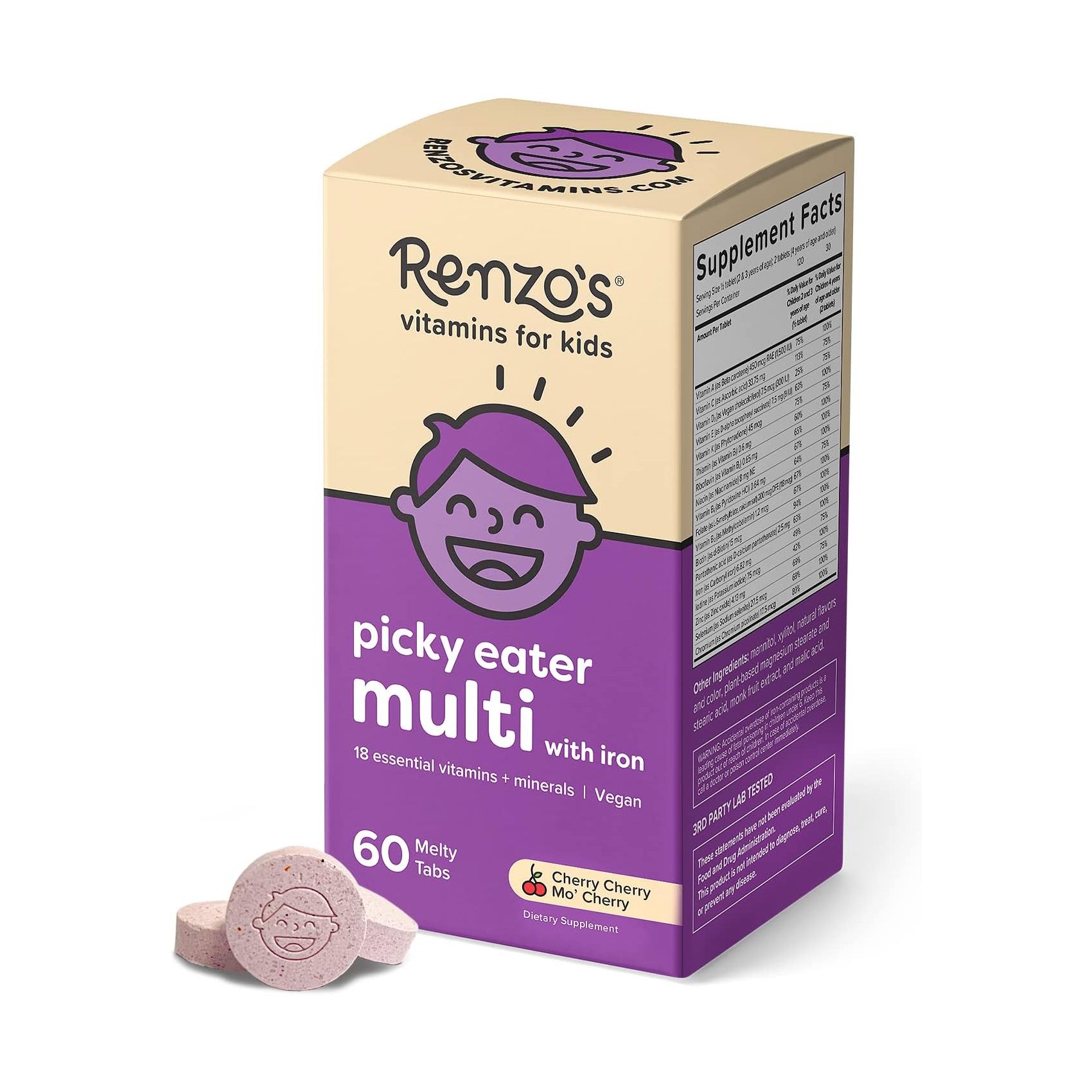 Мультивитамины Renzo's Picky Eater Kids With Iron Cherry Flavored, 60 жевательных таблеток бад для мужского здоровья man s formula больше чем поливитамины цинк витамин с d3 30 шт