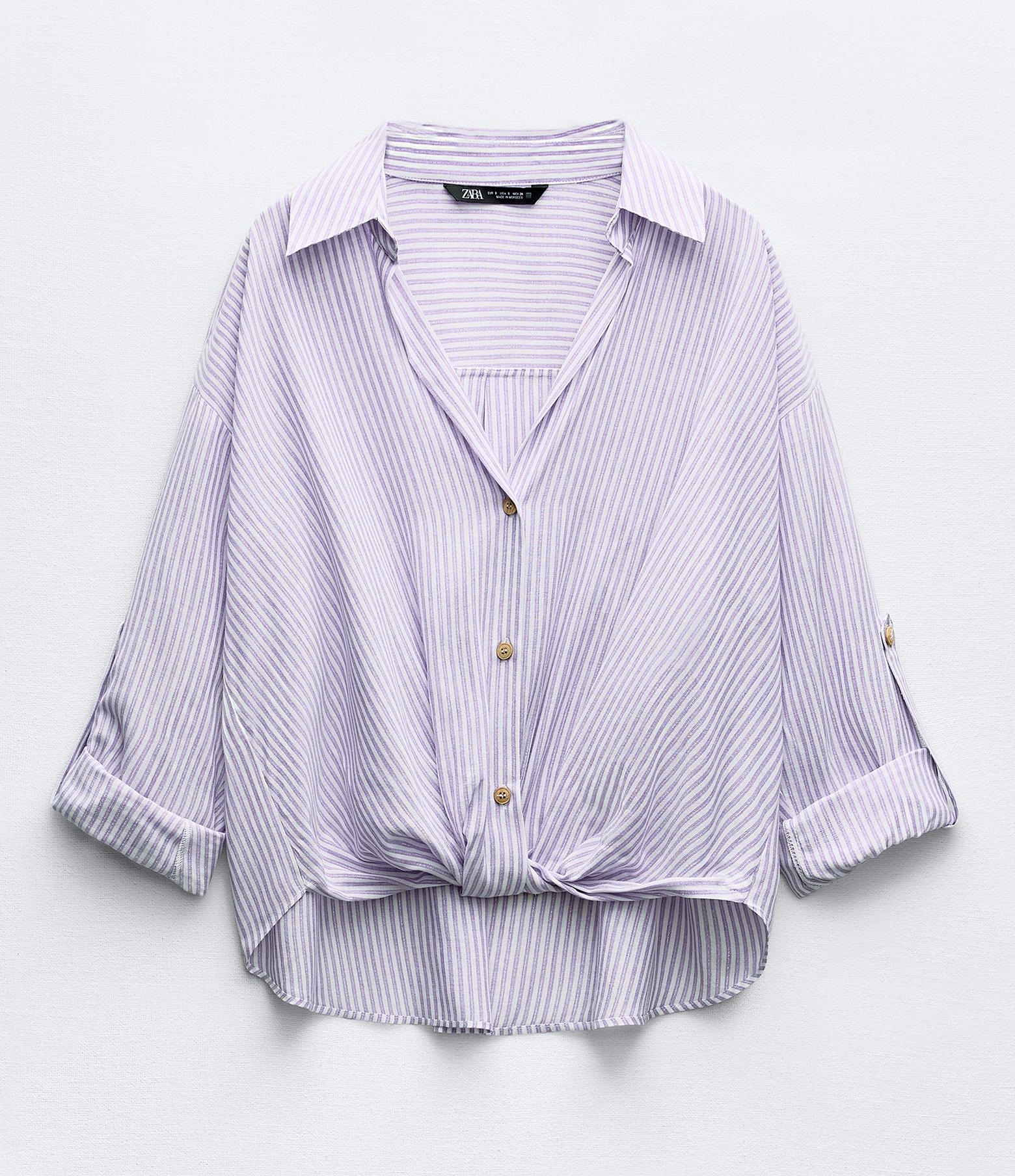 Рубашка Zara Metallic Thread Striped With Knot, сиреневый футболка zara metallic thread embroidery белый