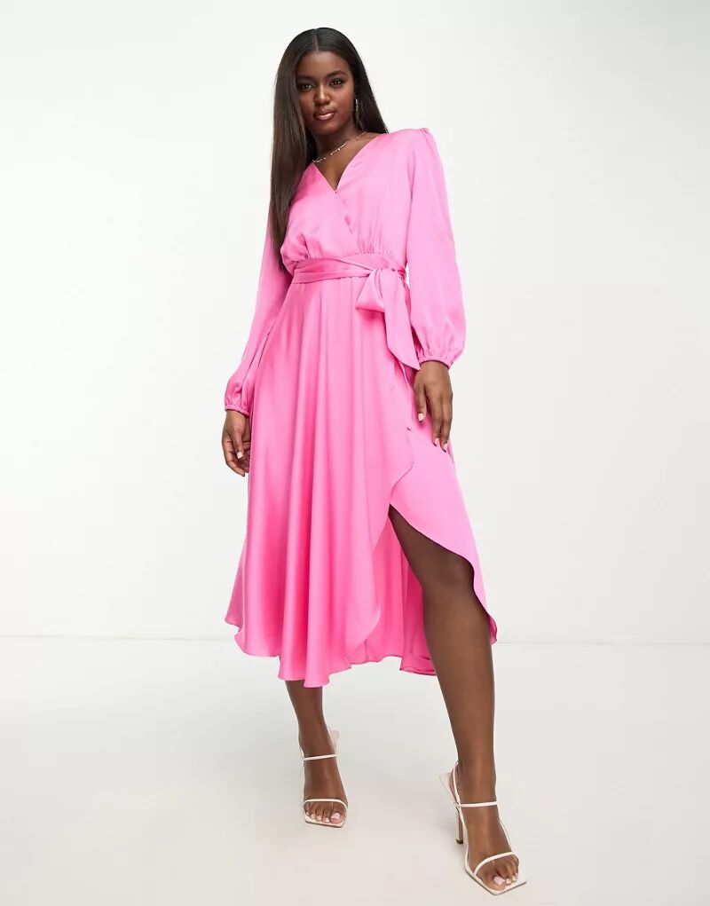 Розовое атласное платье миди с длинными рукавами и поясом Forever New
